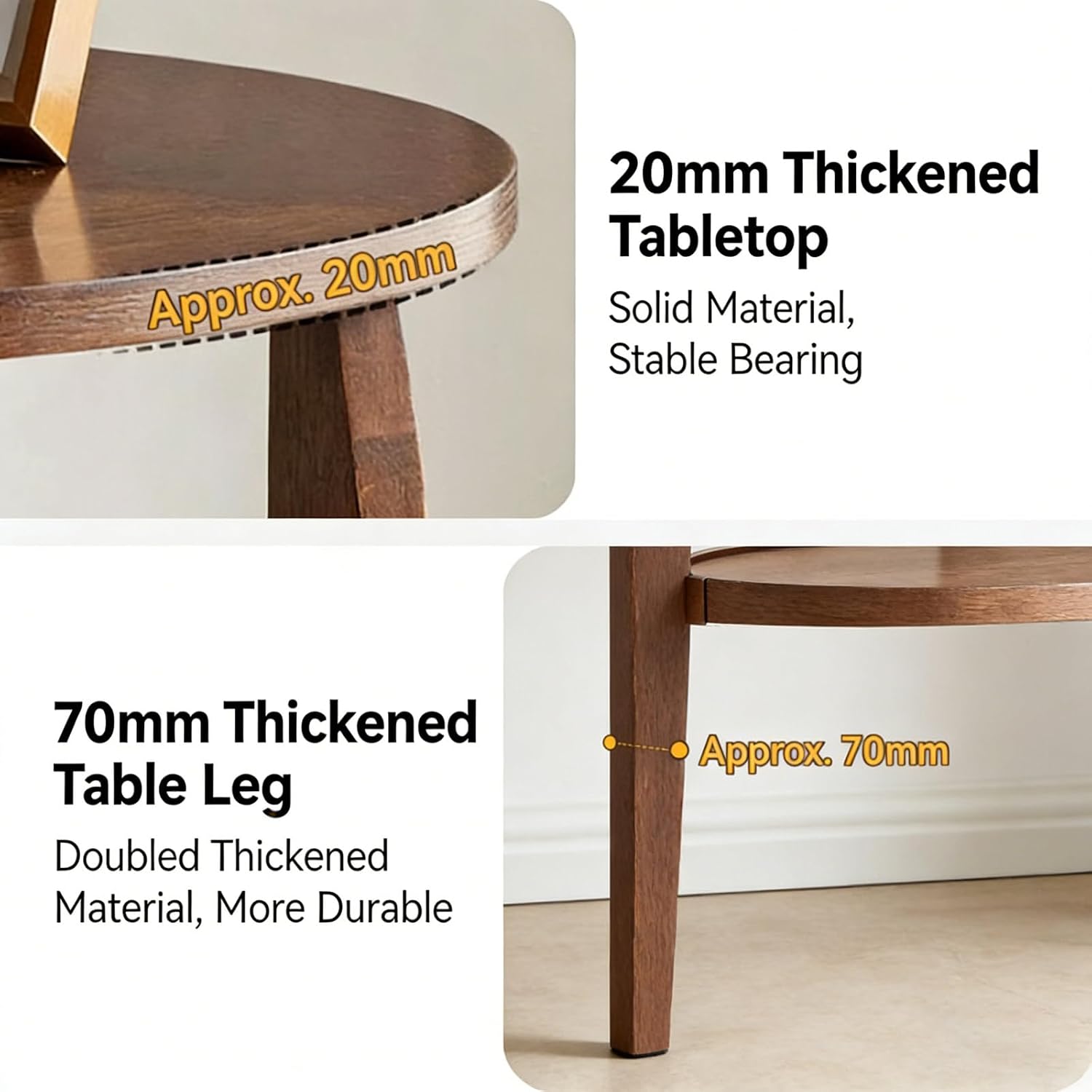 2-Tier Solid Wood End Table with Drawer,Vintage End Table with Storage,Round Side Tables,Natural Solid Wood Nightstand,Mid-Century Modern End Tables for Living Room,Bedroom,Brown,19.6in