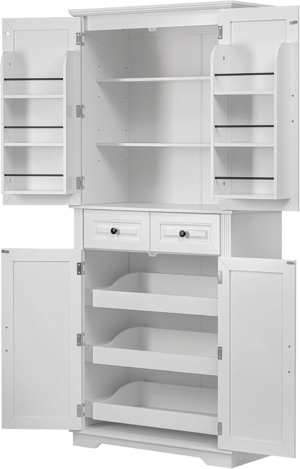 Kitchen Pantry with 3 Pull Out Cabinet Organizers, Farmhouse Freestanding Storage Cabinet with 6 Door Shelves and 2 Drawers for Kitchen, Dining Room (White)