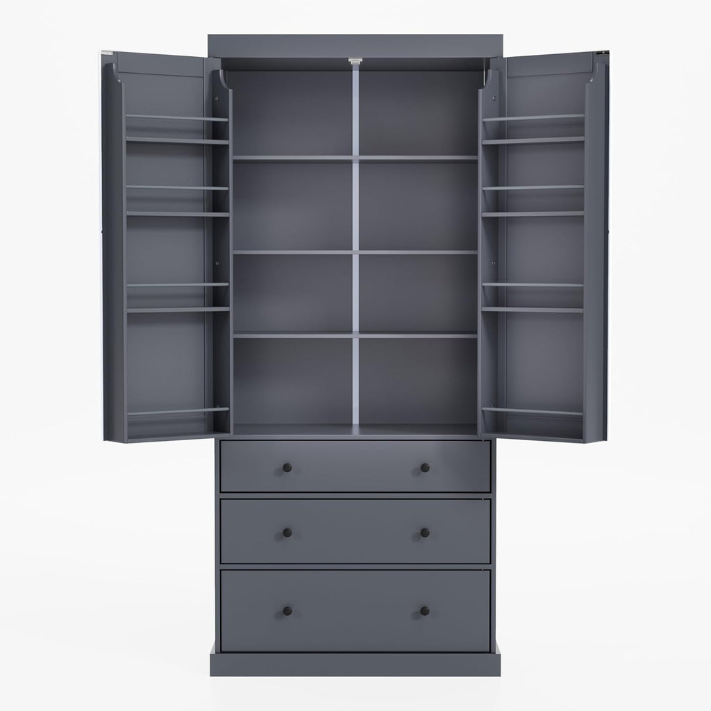 Freestanding Kitchen Pantry with 3 Dawers & 3 Shelves, Double Door with 6 Shelves, Rectangular Storage Cabinet, Modern, for Living Room, Dining Room, Gray