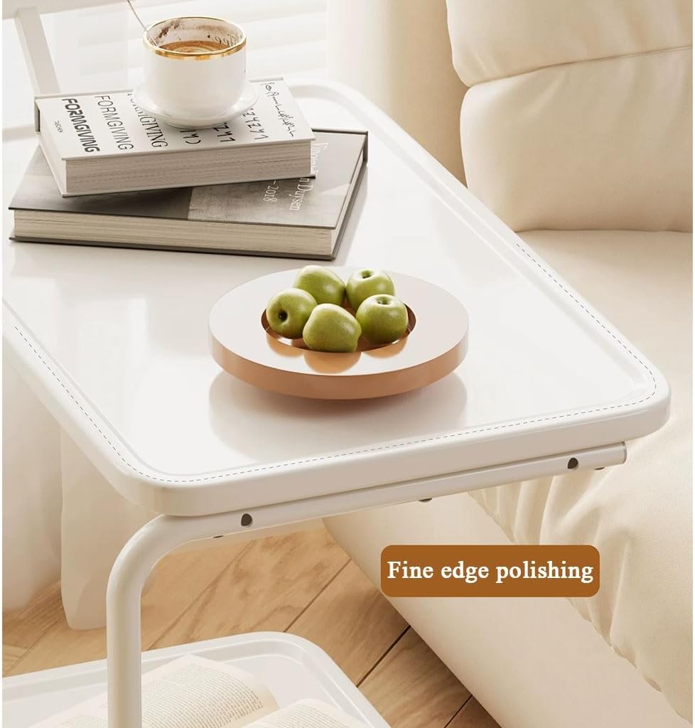 YCKEGEW 2-Tier Storage Trolley Mobile Side Tables with Wheels for Couch Living Room,White C-Shaped End Table for Small Space,360°Swivel TV Tray Table(Armless)