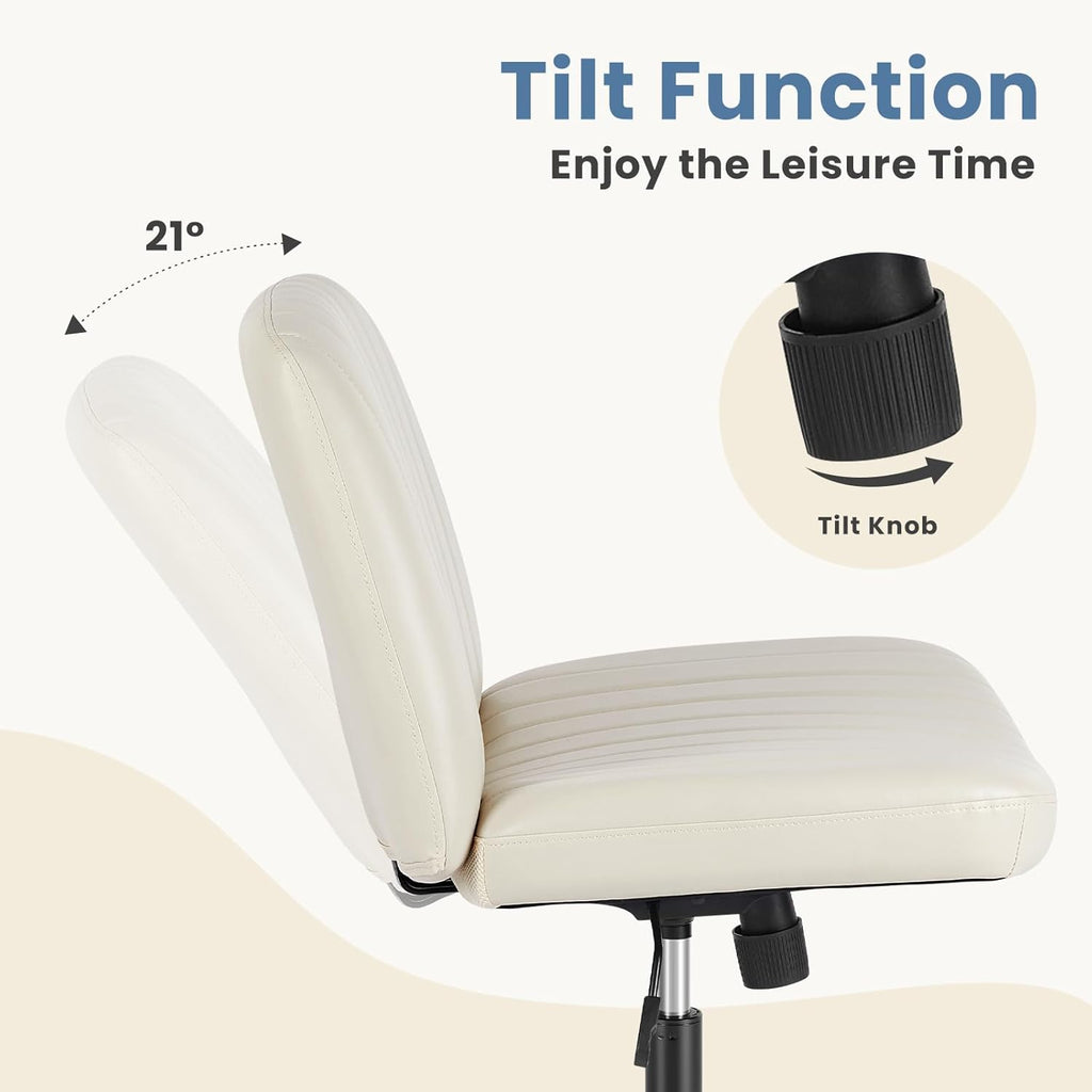 DUMOS Criss Cross Chair No Wheels, Wide Seat Cross Legged Office Desk Vanity Chair, Faux Leather Armless Height Adjustable Swivel Task Computer Chairs for Home, Study, Beige PU