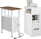 CHOEZON Farmhouse End Table and Narrow Side Table for Small Spaces Bundle, Slim Nightstand with Charging Station, Skinny Nightstand with Drawer, Bedside Table for Bedroom, Living Room TBZ08UWL-MBZ11WB