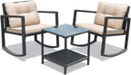 HAPPYGRILL 3-Piece Rocking Bistro Set Outdoor Patio Rocking Chairs with Coffee Table, Rattan Wicker Furniture Conversation Set for Garden Lawn Backyard Balcony