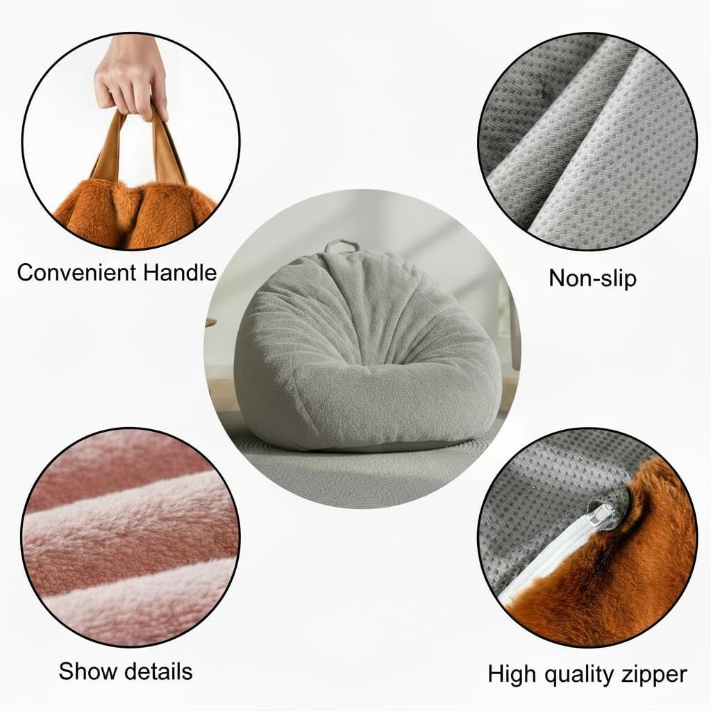 Faux Rabbit Fur Bean Bag Chair Cover Only (No Filler), Stuffed Animal Storage Bean Bag Cover, Ultra‑Soft, Washable, Zippered, Non‑Slip Bottom, Handle,Living Room Furniture for Adults Grey