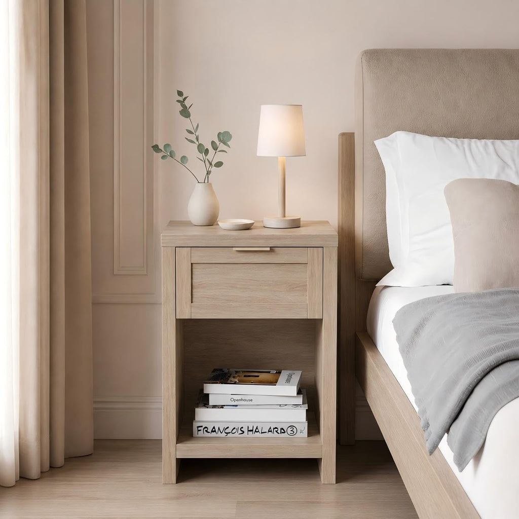 Walsham Natural Nightstands, Light Weathered Oak, 2 Set | Boho Bed Side Table, Minimalist Night Stand, Drawer and Storage Shelf, Farmhouse End Tables