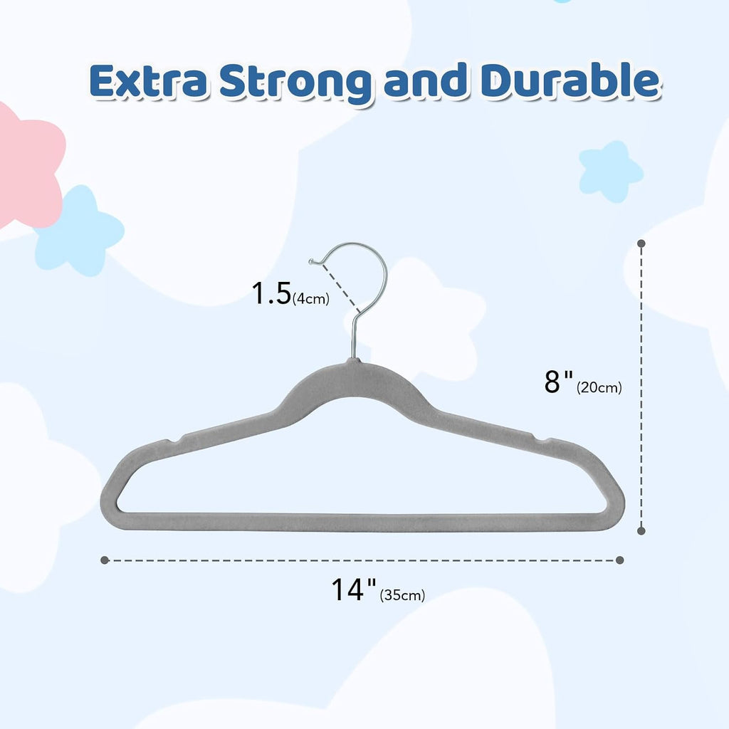 Premium 14 Inch Kids Hangers 100 Pack, Grey Baby Velvet Hanger, Non Slip, Space Saving Felt Hangers Clothes Organizers for Closet with 360° Swivel Hook for Children, Toddler & Teens