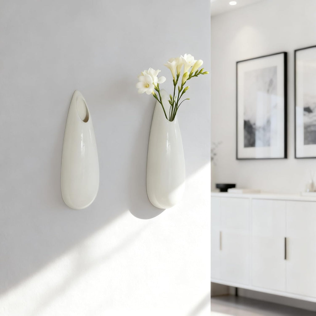 Hanging Ceramic Wall Vases, 7.9 Inch, Set of 2, Cubicle Modern Decor Wall Plant Holder Vase for Indoor Plants,Propagation Hanging Flower Pots for Air Vases,White