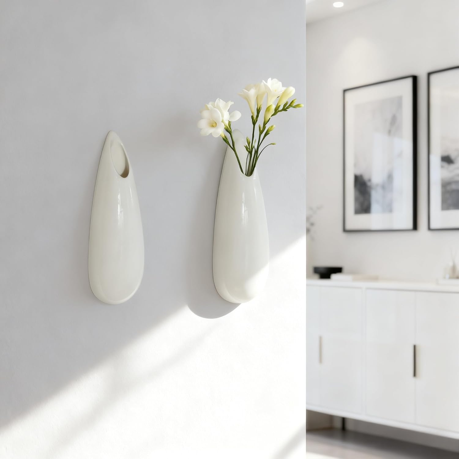 Hanging Ceramic Wall Vases, 7.9 Inch, Set of 2, Cubicle Modern Decor Wall Plant Holder Vase for Indoor Plants,Propagation Hanging Flower Pots for Air Vases,White
