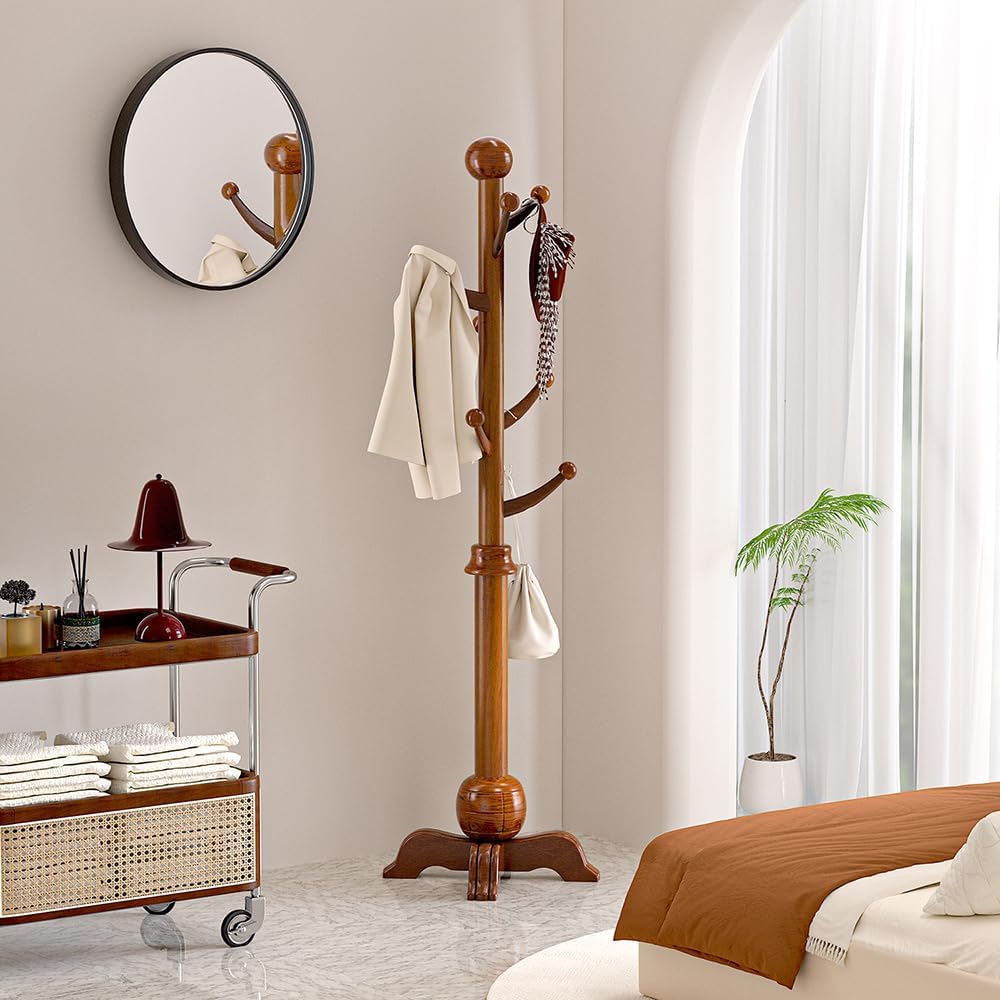 Wooden Coat Rack, 7 Hooks Freestanding Wood Coat Tree Rack with Stable Base | Space-Saving Hall Tree, Heavy Duty Coat Hanger Stand, 210 lbs, Solid Wood Coat Tree for Entryway Hallway Bedroom Office