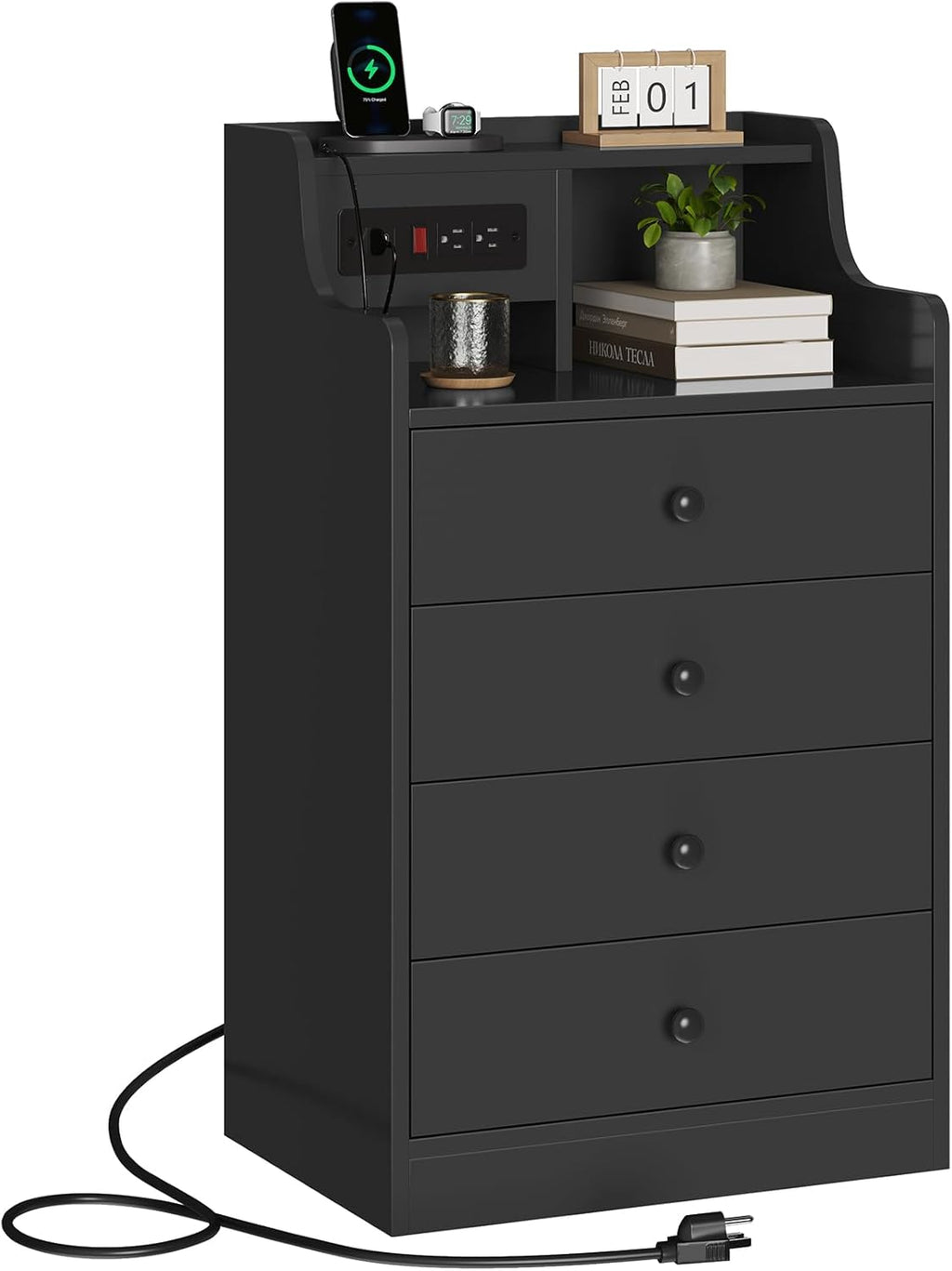 ADORNEVE Nightstand with Charging Station & Hutch,Black | Tall Bedside Table with 4 Drawers,Charging Night Table,Night Stand for Bedroom,Bed Side Tables