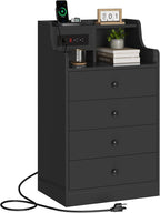 ADORNEVE Nightstand with Charging Station & Hutch,Black | Tall Bedside Table with 4 Drawers,Charging Night Table,Night Stand for Bedroom,Bed Side Tables