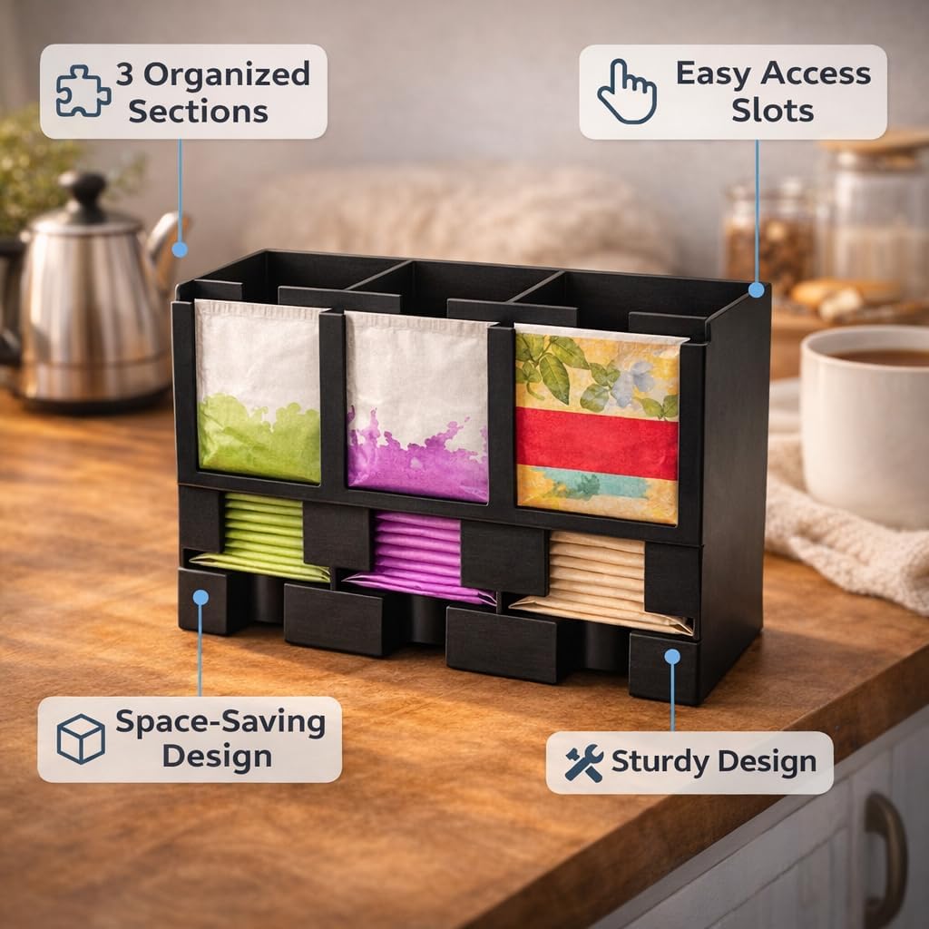 Tea Bag Organizer – 3 Compartment Tea Bag Holder & Dispenser, Holds 90+ Tea Bags, Tea Storage Organizer for Countertop, Cabinet, Coffee Bar or Kitchen - Made In The USA