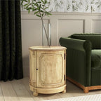 Beaumont Lane 20" W Drum Side Table, Poplar Hardwood and Cherry Veneer, Beige Finish, Traditional Style with Storage Shelf, Decorative Floral Applique, Ideal for Living Room, Office or Bedroom Use