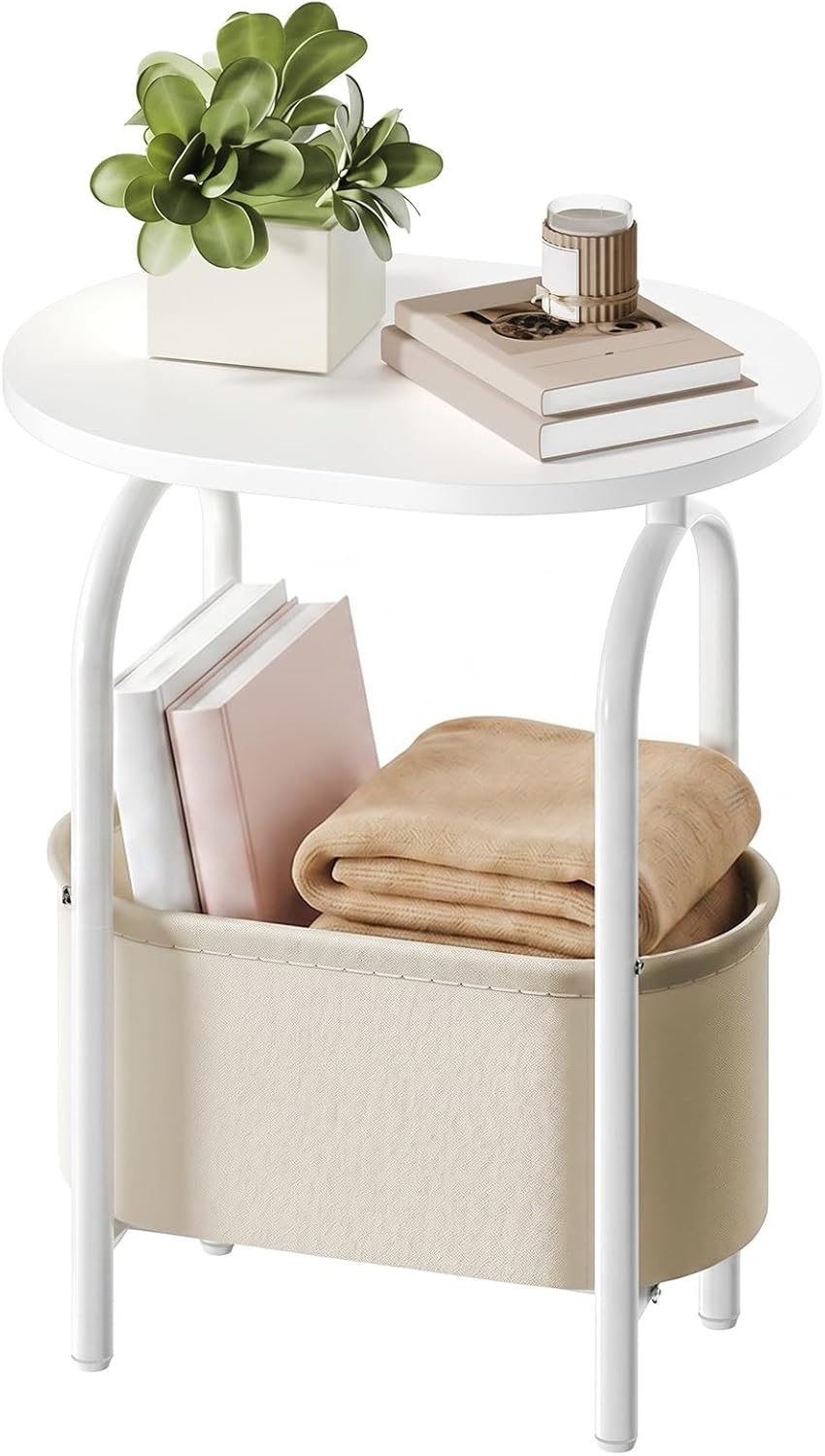 RALGEND Small Round Side Table with Fabric Basket Storage, Oval End Table for Small Spaces, Modern Coffee Bedside Table, Couch Side Table for Living Room, 15.7" X 11.8" X 24", White and Beige 8601BZWT