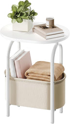 RALGEND Small Round Side Table with Fabric Basket Storage, Oval End Table for Small Spaces, Modern Coffee Bedside Table, Couch Side Table for Living Room, 15.7" X 11.8" X 24", White and Beige 8601BZWT