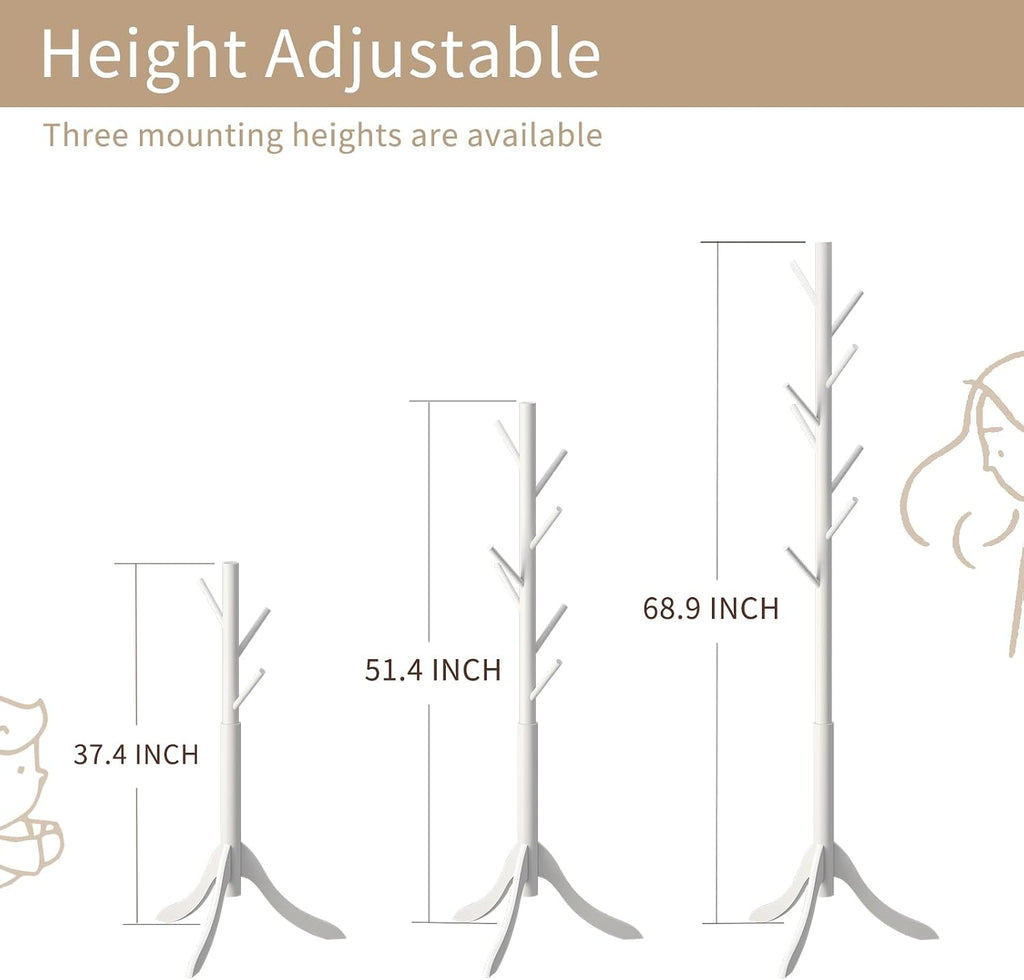 Coat Rack Freestanding, Coat Stands Entryway, Bamboo Coat Rack Hat Hanger 8 Hook for Jacket, Purse, Scarf Rack, Umbrella Tree Stand (White)