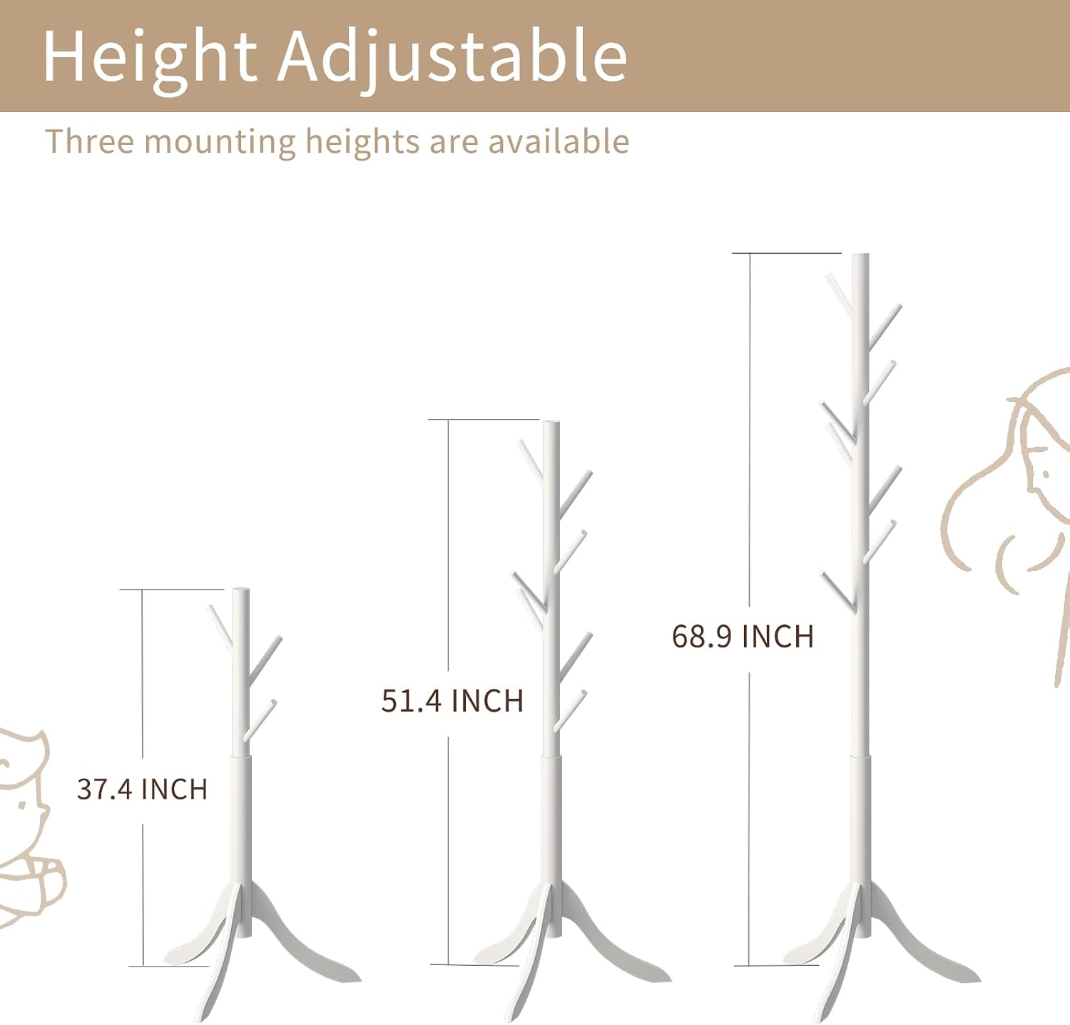 Coat Rack Freestanding, Coat Stands Entryway, Bamboo Coat Rack Hat Hanger 8 Hook for Jacket, Purse, Scarf Rack, Umbrella Tree Stand (White)
