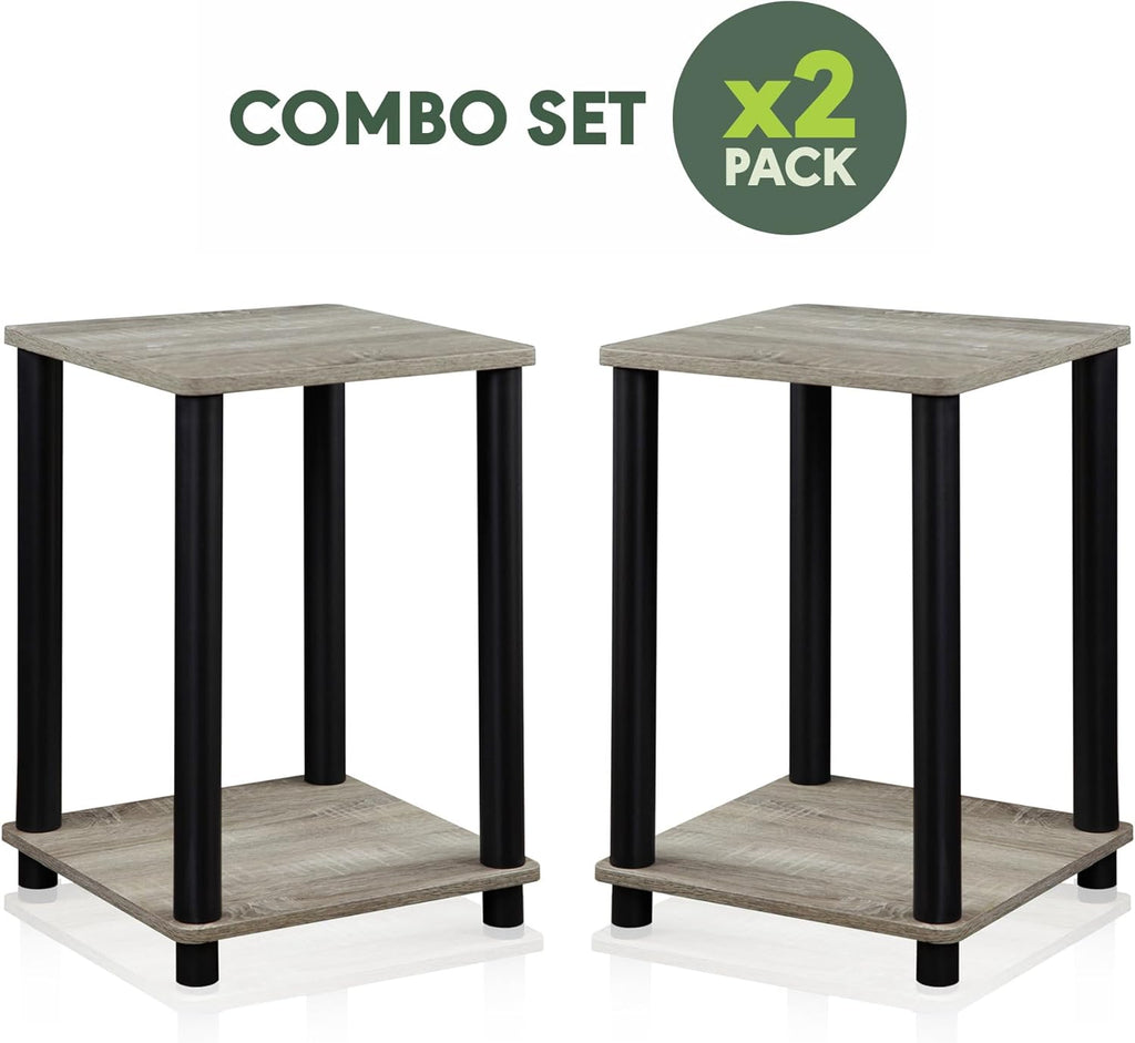 Furinno Turn-N-Tube Toolless Assembly Side Table Set of 2, Stackable 2-Tier Grey End Table with Open Shelf, Night Stand, Bedside Table, for Living Room, Bedroom, Grey Oak