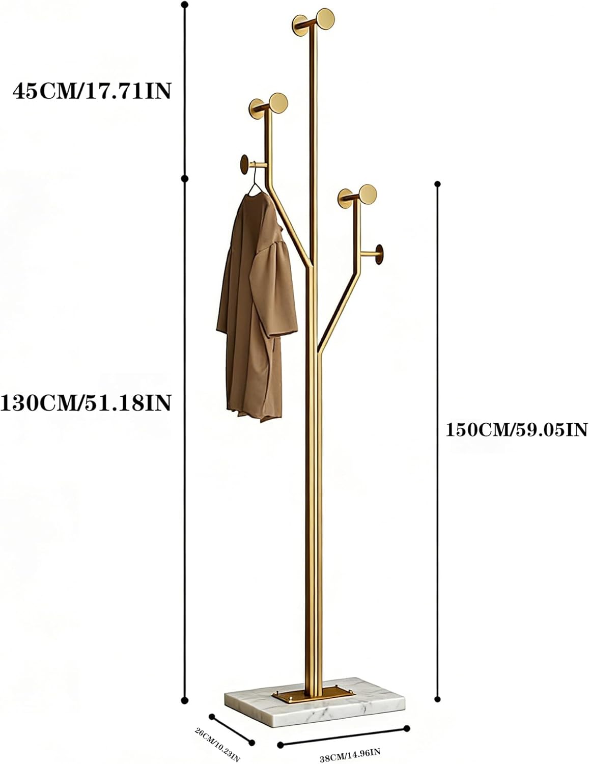 SYO Gold Metal Coat Rack (with Marble Base) — Entryway Standing Coat Stand, Heavy-Duty Vertical Design, Suitable for Entryways, Bedrooms, and Living Rooms