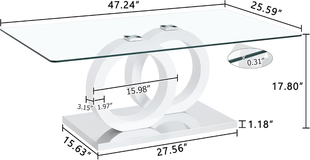 Glass Coffee Table for Living Room, White Modern Rectangular Center Table, 47” Living Room Table with Clear Tempered Glass Top with MDF OO Legs and Silver Metal Base (White, 47.2 inches)