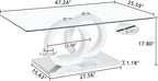 Glass Coffee Table for Living Room, White Modern Rectangular Center Table, 47” Living Room Table with Clear Tempered Glass Top with MDF OO Legs and Silver Metal Base (White, 47.2 inches)