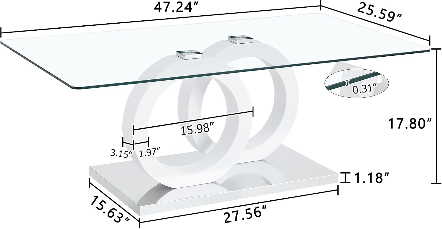 Glass Coffee Table for Living Room, White Modern Rectangular Center Table, 47” Living Room Table with Clear Tempered Glass Top with MDF OO Legs and Silver Metal Base (White, 47.2 inches)