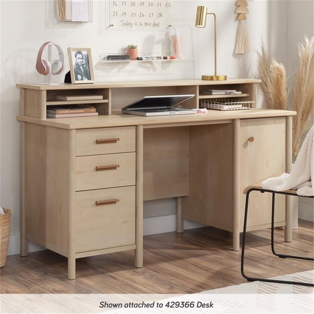 Pemberly Row Engineered Wood Organizer Hutch, 59 in Wide, Natural Maple Finish, Adjustable Shelves with Cubby Storage, Desktop Office Shelf for Home Office or Study Room