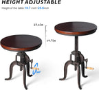 Topower Industrial Retro Side Table Antique Mechanic Crank Height Ajustable Black Walnut Wood Top Three-Legged Farmhouse Accent End Table Copper
