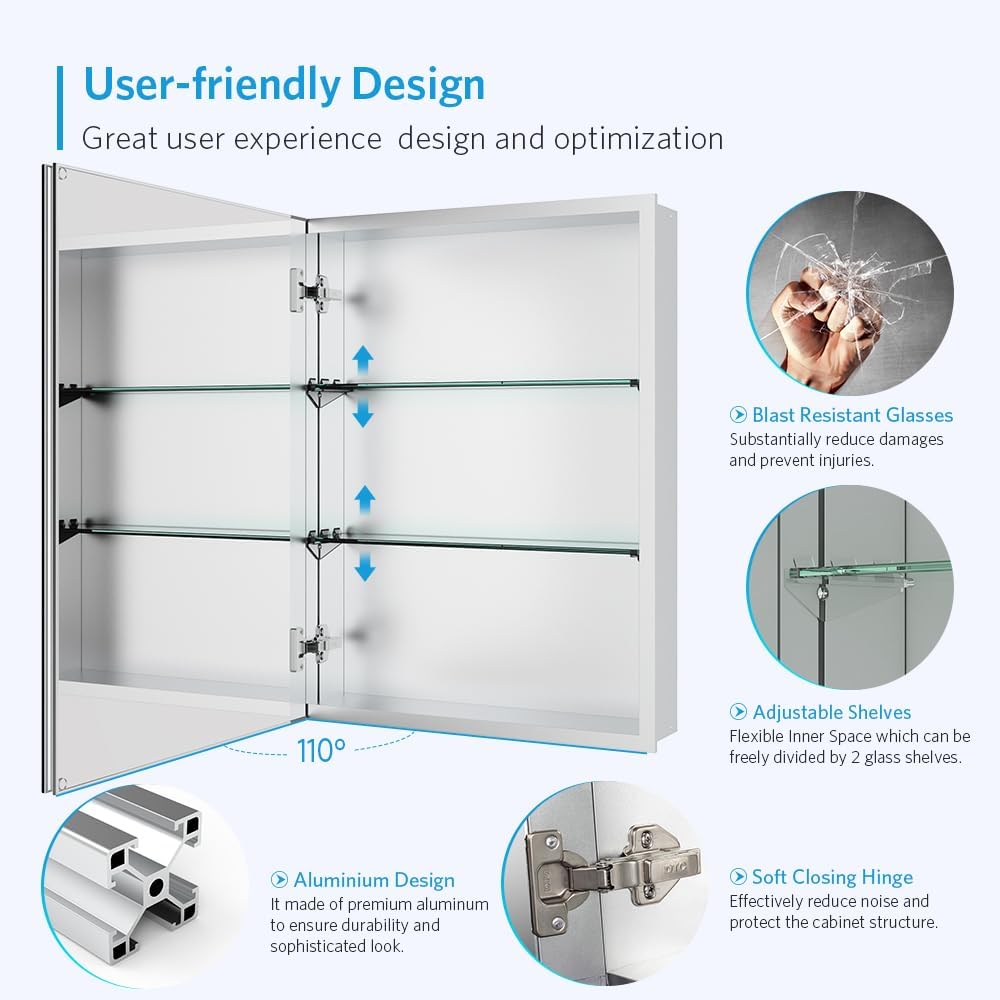 Quavikey 20"x26" Medicine Cabinet with Mirror, Recessed or Surface, Silver | Premium bathroom mirror cabinet featuring rustproof aluminum frame, adjustable shelves, soft-close hinges, and ample storage.