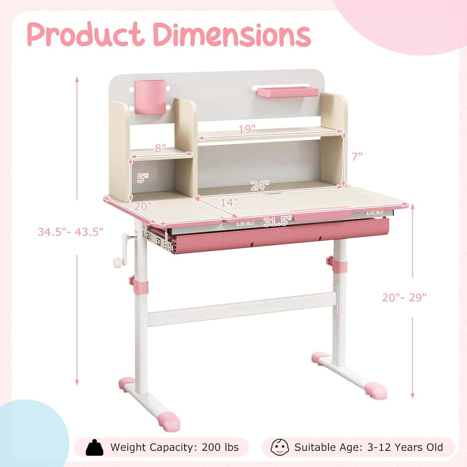 Costzon Kids Study Desk, Height Adjustable Children School Desk with Storage, Tilt Desktop, Pen Holder & Scale Ruler, Student Computer Desk Writing Table for Home School Use, Desk for Kids (Pink)