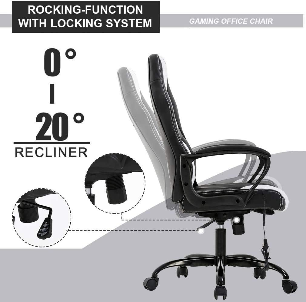 Office Chair Gaming Chair Desk Chair Ergonomic High Back Massage Computer Chair with Lumbar Support & Comfort Armrest PU Leather Rolling Task Racing PC Swivel Executive Chair for Men Women, White