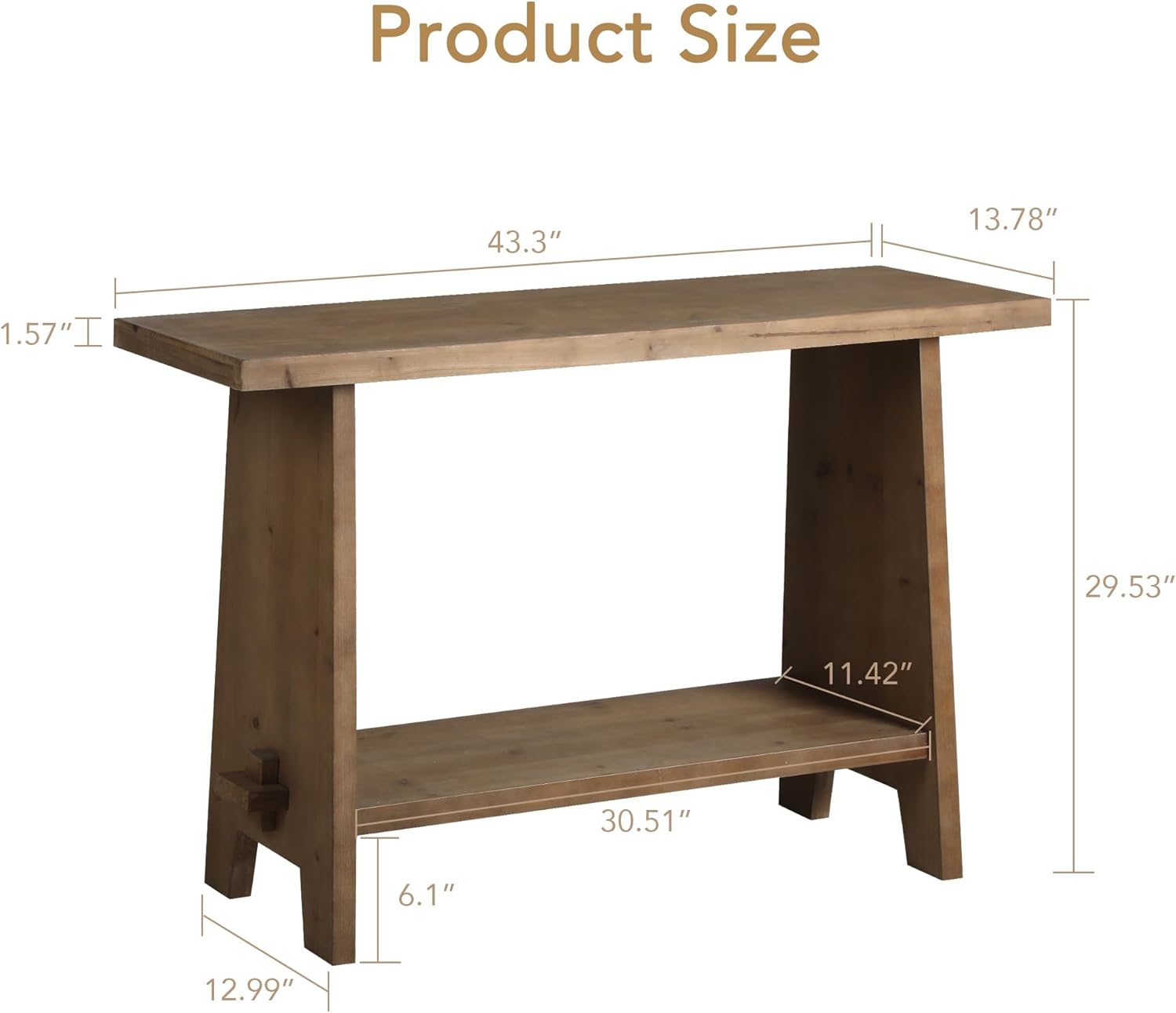 HOKYHOKY Wood Console Table for Entryway, 43.3" Farmhouse Entryway Table with Storage Shelf, Solid Wood Tabletop Rustic Narrow Skinny Sofa Table for Living Room, Hallway, Entryway, Foyer, Brown
