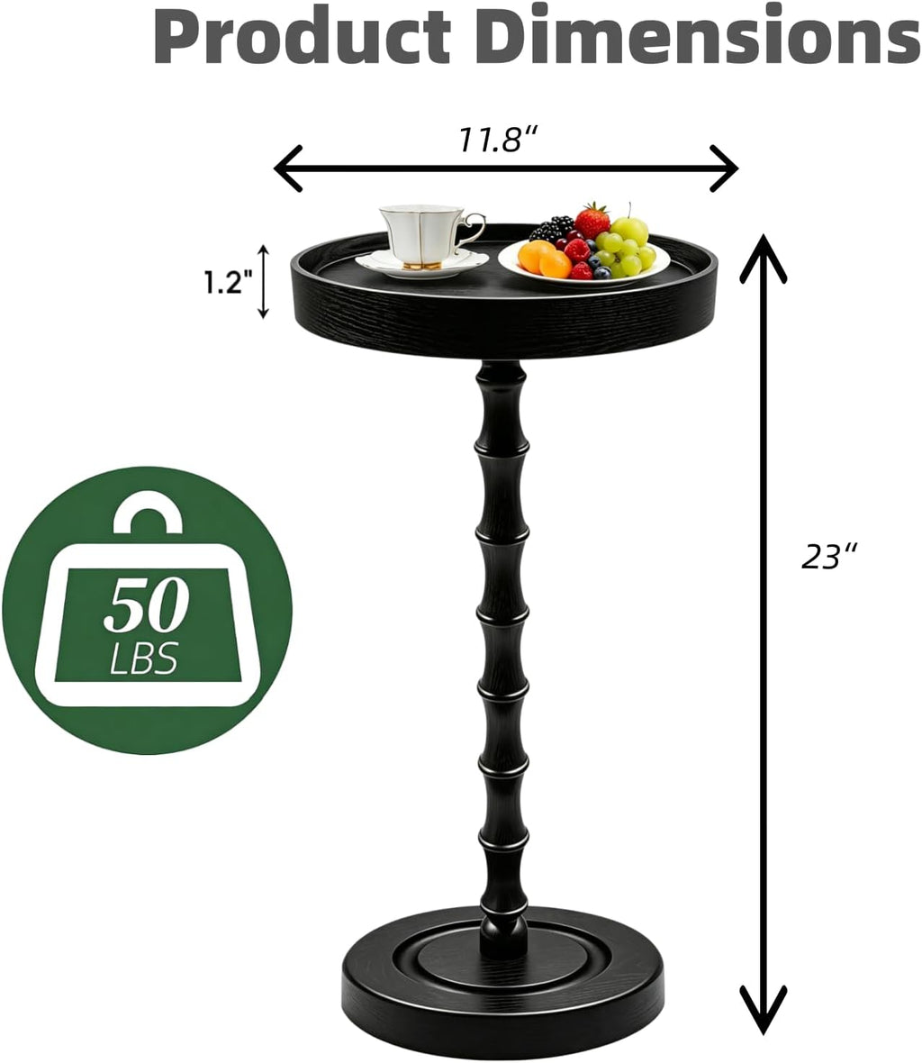 amzwkt 100% Solid Wood Round Side Table, Sturdy Pedestal Martini Drink Table, Easy Assembly Accent End Table for Small Spaces Living Room Bedroom Office Corners, Black Premium