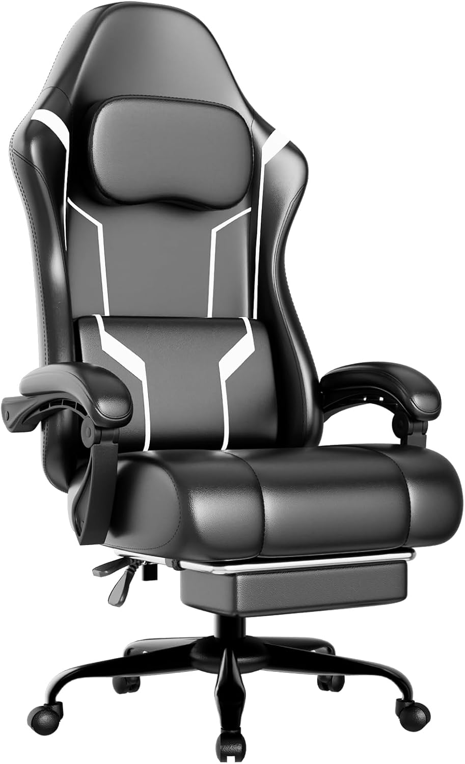 Ergonomic Gaming Chair, Video Game Chair with Pocket Spring Cushion and Footrest, Height Adjustable Computer Chair with Swivel Seat and Headrest (White)