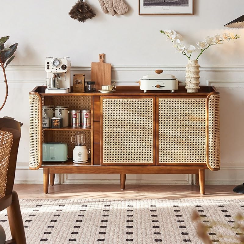 Entryway Cabinet Chinese Style Wooden Sideboard Dining Room with Drawers Double Door Rattan Storage Cabinet Multifunctional Storage Cabinet Sideboard Storage Cabinet