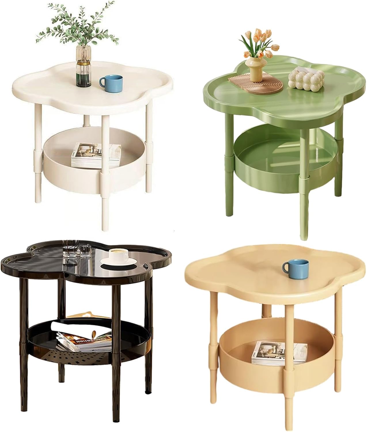 Petal-Shaped Side Table Living Room, 2-Tier Storage Small Coffee Table 15.35”, Lightweight Stable with Storage for Bedroom Small Spaces, Modern Couch Table for Home (Green)