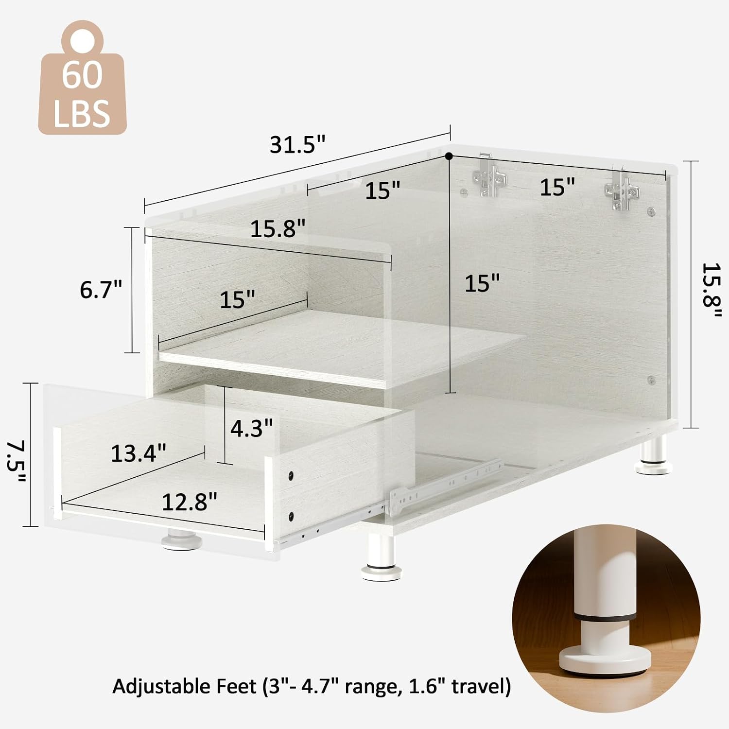 Rresyet Modular Sofa Console with Storage, Adjustable Height Side Table with Drawer & Open Shelf, 15.8" Narrow End Table for Sectional Sofa Couch (1, White, with Drawer)