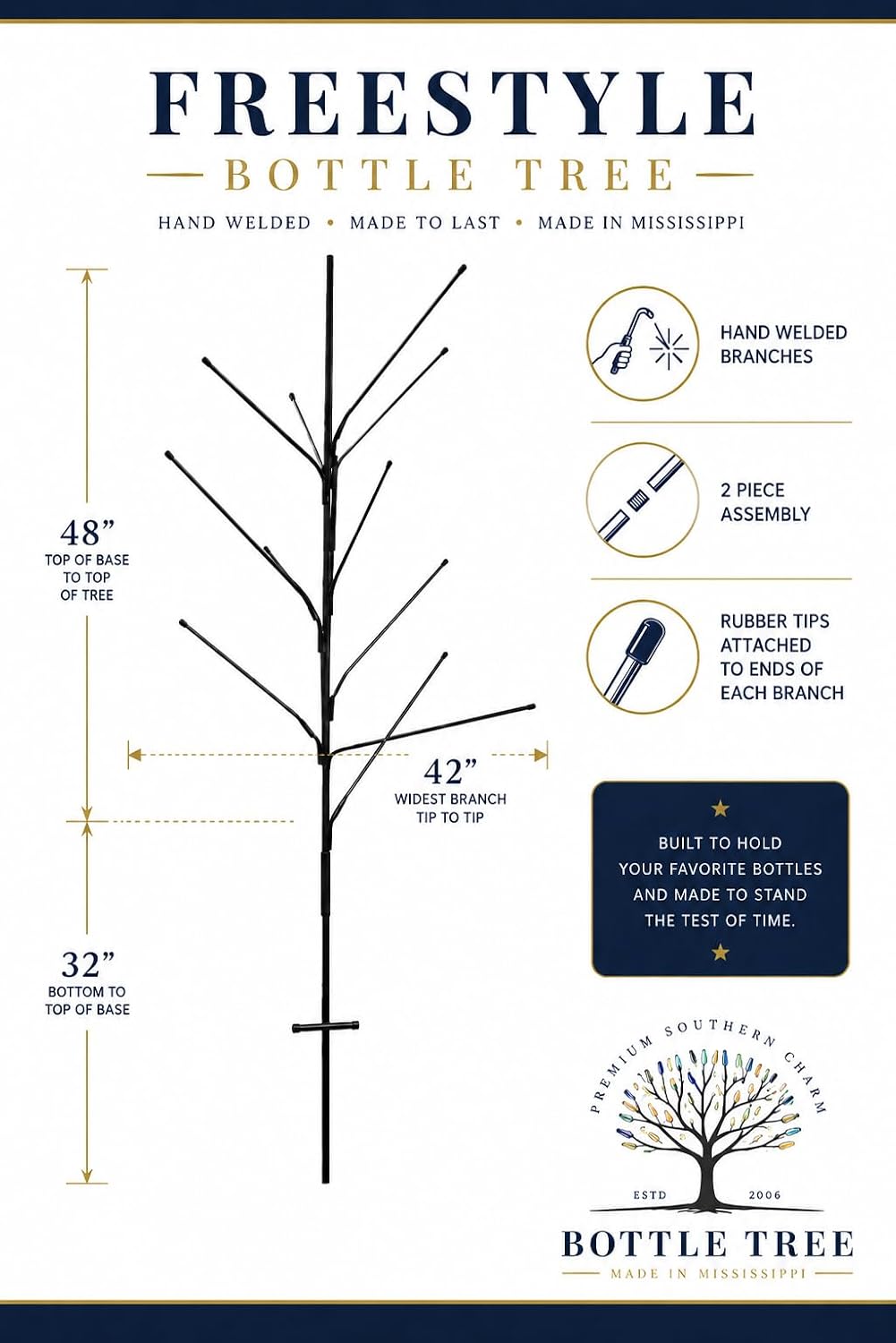 BottleTree The Freestyle | Outside Yard Garden Decor | 2 Pc Assembly | No Tolls Required | Displays 13 Bottles | 5 ft. Tall | Heavy Duty Welded Raw Steel | Unpainted | Made in Mississippi USA