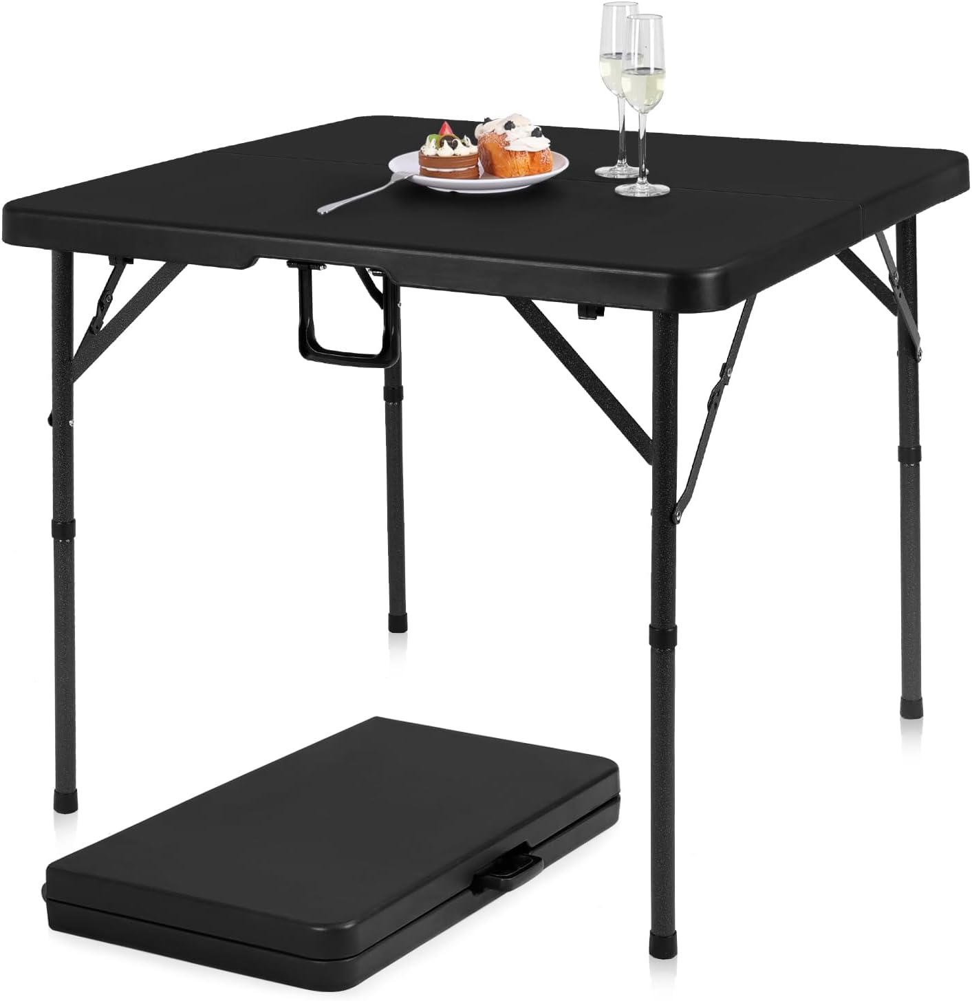 pollilar 34" Folding Card Table Square Foldable Table Plastic Portable with Detachable Legs, Dual Height Adjustable, Heavy-Duty Indoor Outdoor Dining, Game, Picnic, Mahjong Tables-Black