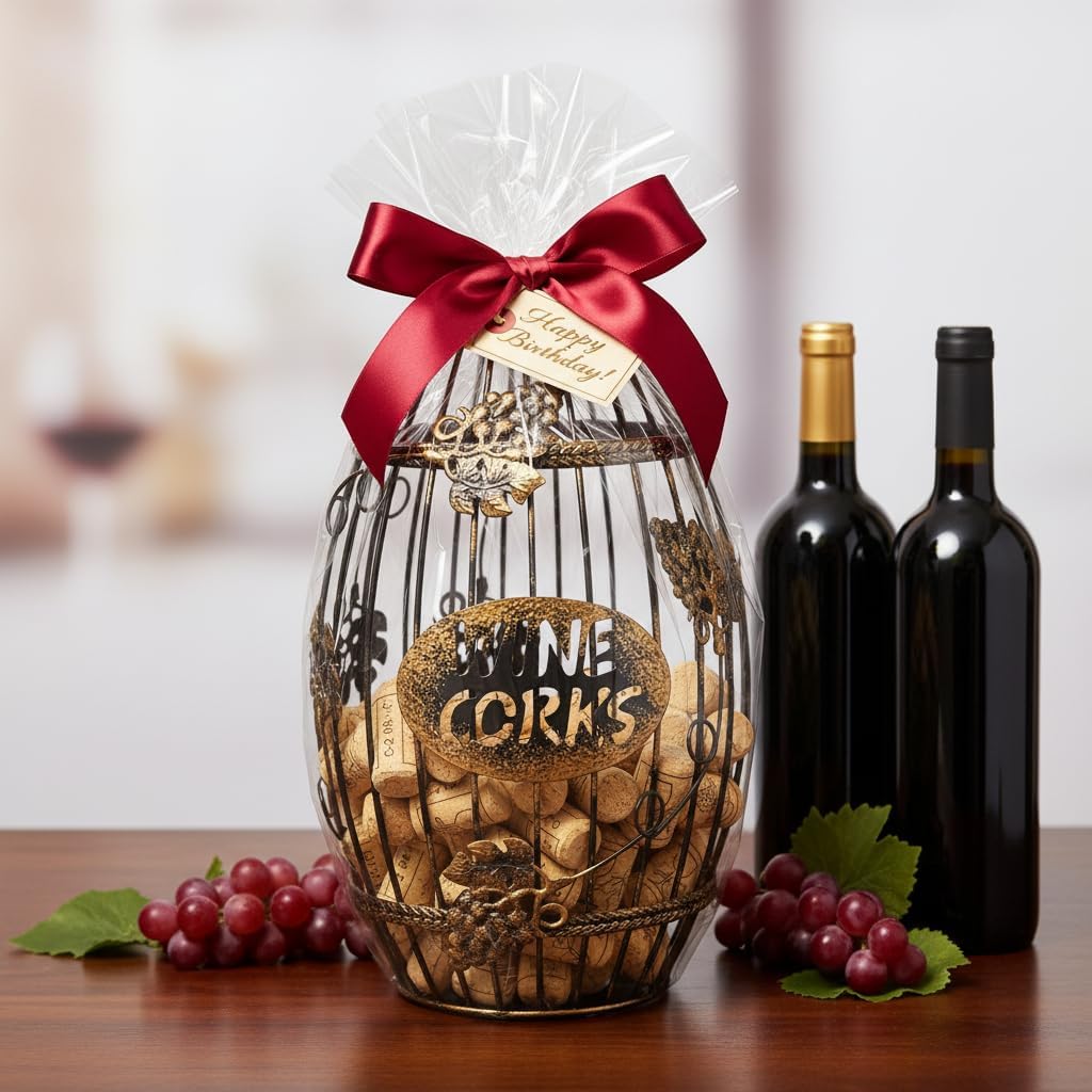 Wine Cork Holder for Countertop or Cabinet, Barrel-Shaped Metal Cork Holder Holds Up to 227 Wine and Champagne Corks, Storage Organizer with Open Top and Non-Slip Base for Bar Area Kitchen