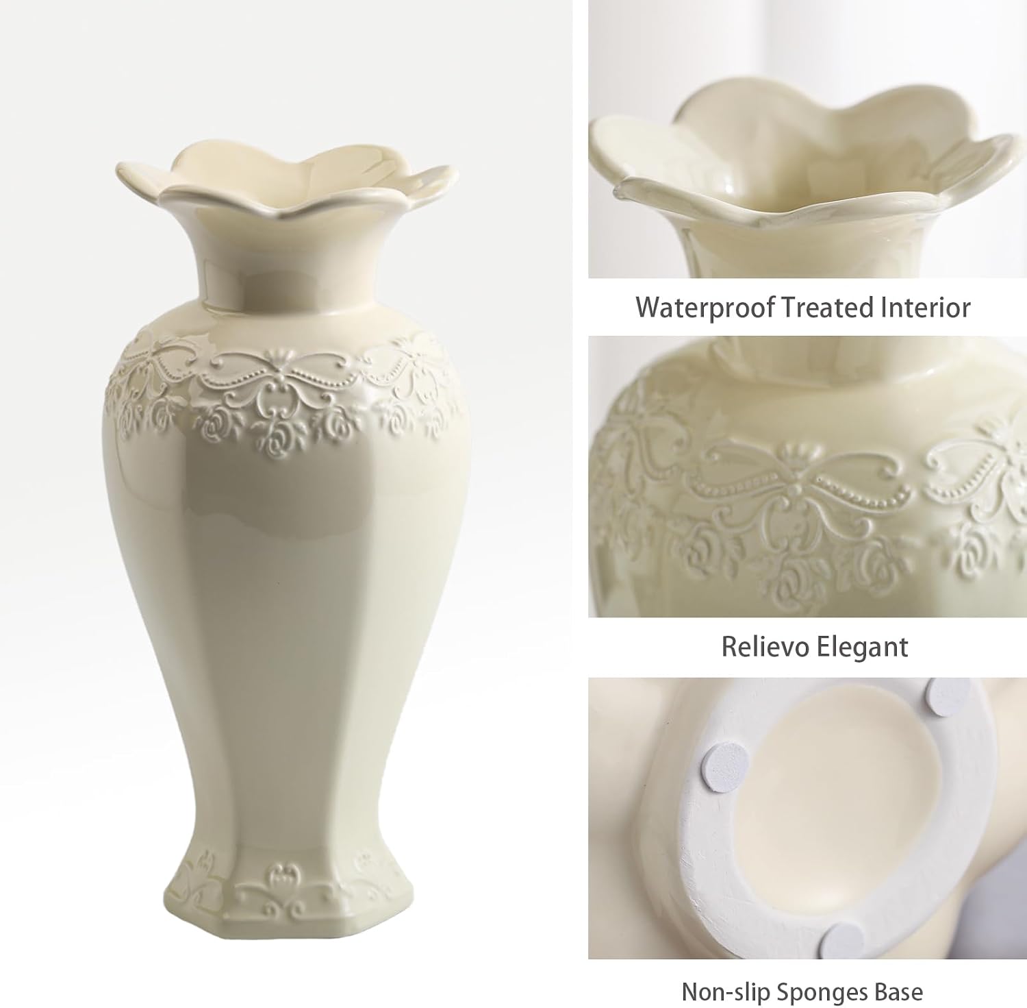 Relievo Elegant White Cream 8in 11in Ceramic Flower Tall Aesthetic Beige Table Tulip Wide Mouth Rose Filler Decorative Rustic Vase Decor for Home (Cream Vase, L)