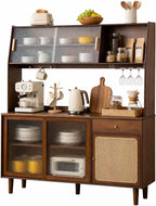 Welnown Kitchen Hutch Cabinet with Countertop, 69" Tall Pantry Storage Cabinet, Rattan Solid Wood Buffet Sideboard, Entryway Storage Table for Living Room, Dining Room, Walnut