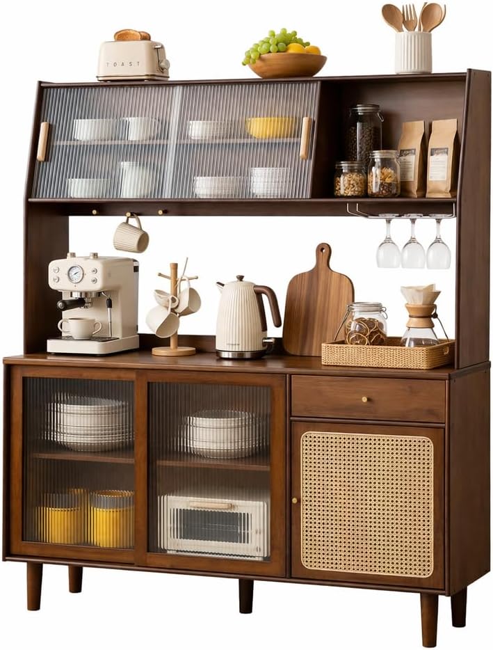 Welnown Kitchen Hutch Cabinet with Countertop, 69" Tall Pantry Storage Cabinet, Rattan Solid Wood Buffet Sideboard, Entryway Storage Table for Living Room, Dining Room, Walnut