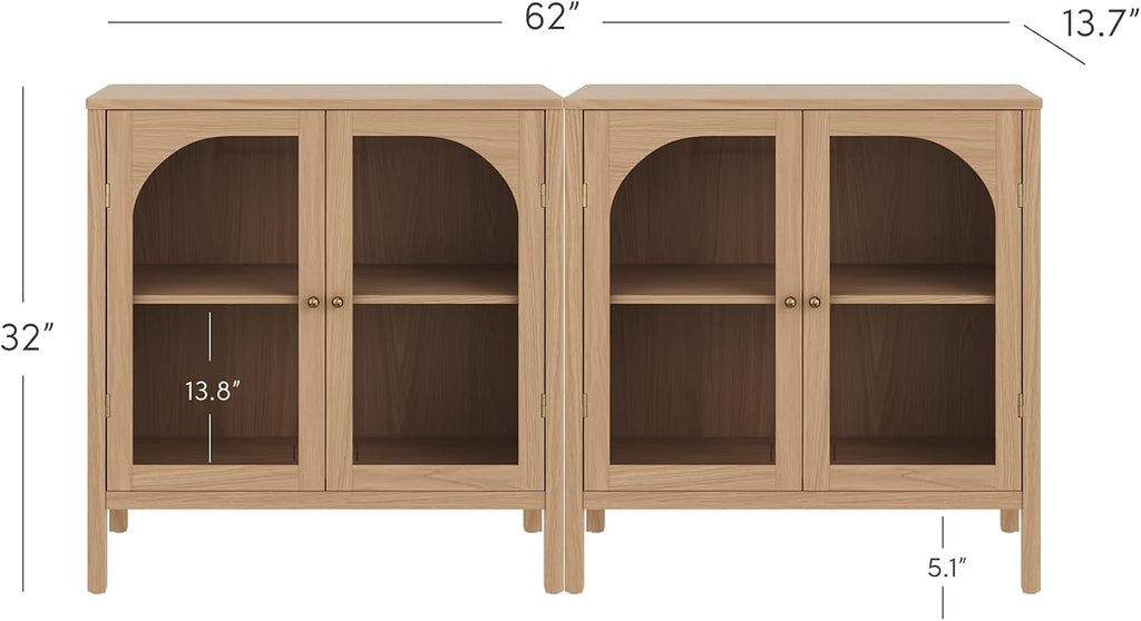 Nathan James Mason Modern Farmhouse TV Stand, Free Standing Accent Sideboard Buffet, Cabinet with Glass Doors and Adjustable Shelf, Clear Glass/Raw Oak Set of 2