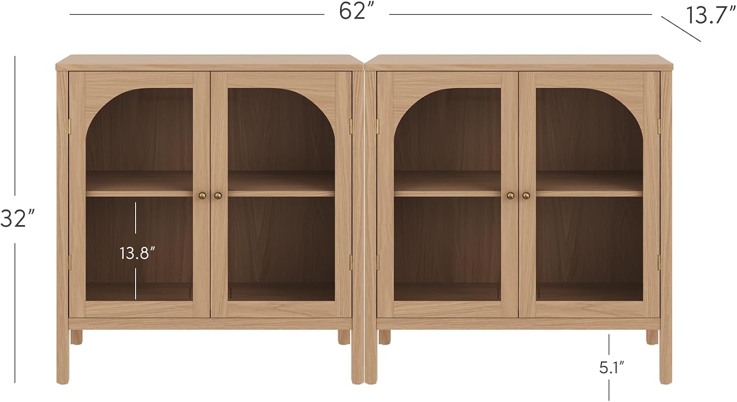 Nathan James Mason Modern Farmhouse TV Stand, Free Standing Accent Sideboard Buffet, Cabinet with Glass Doors and Adjustable Shelf, Clear Glass/Raw Oak Set of 2