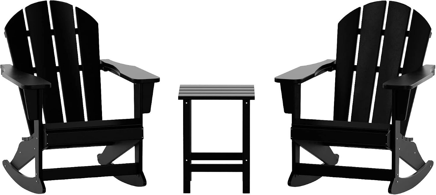 HDPE Laguna Outdoor Rocking Poly Adirondack Chair with Side Table 3-Piece Set, Black