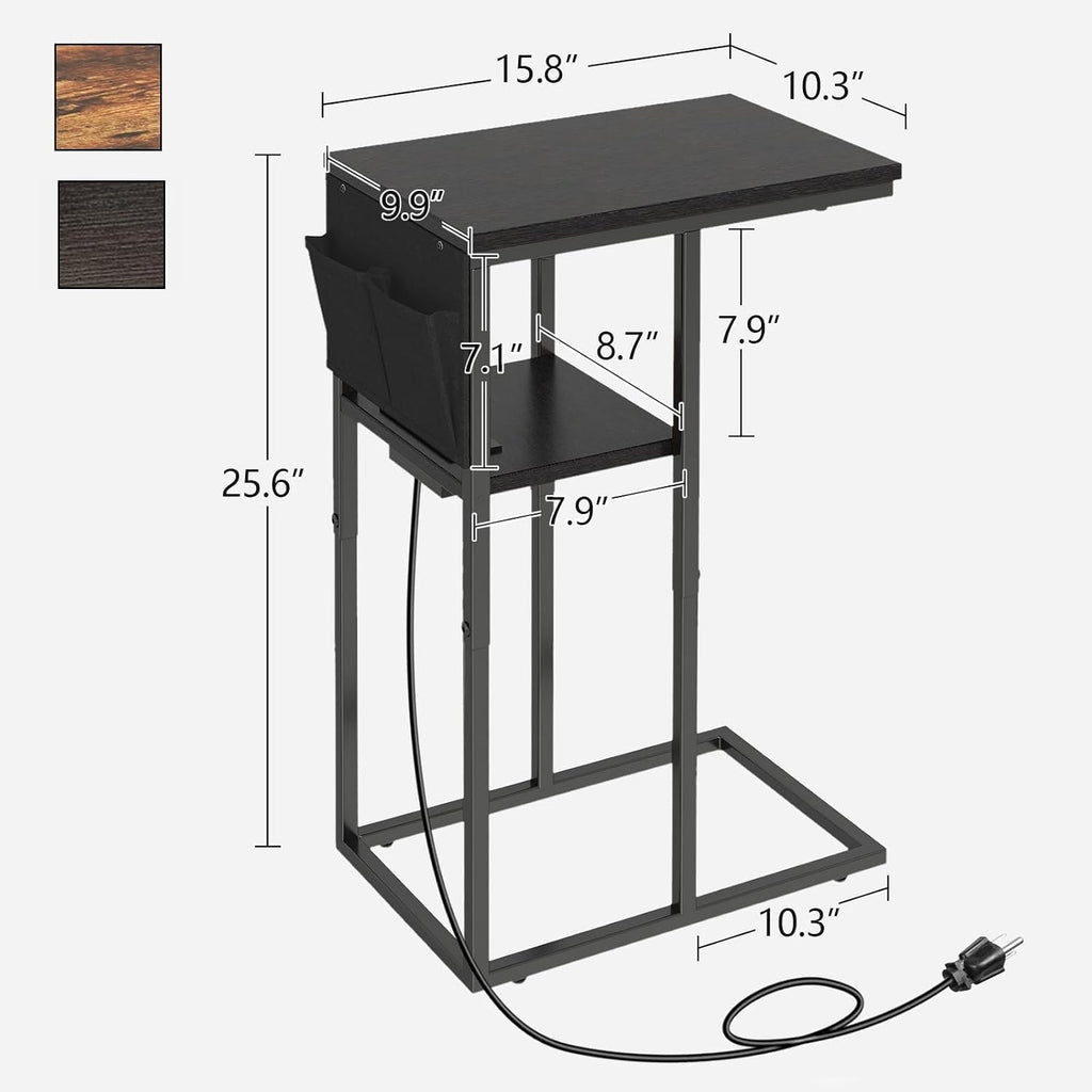Livofloral C Shaped End Table with Charging Station, Small Side Tables for Couch with Storage Bag, Couch Side Tables for Living Room, C-Table for Sofa, Small Bedside Table for Bedroom, Black