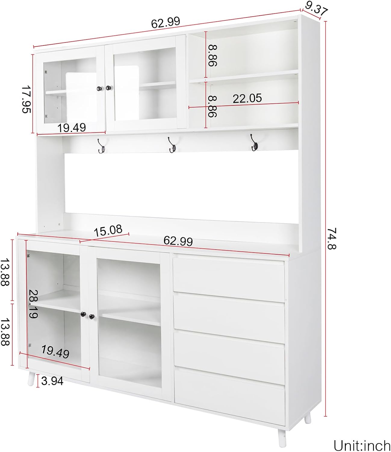 74.8" Tall Kitchen Pantry Storage Cabinet, Modern Food Pantry Cabinet with Microwave Stand Wooden Kitchen Hutch Cabinet with 4 Doors, 4 Drawers and 3 Hooks for Dining Room, White