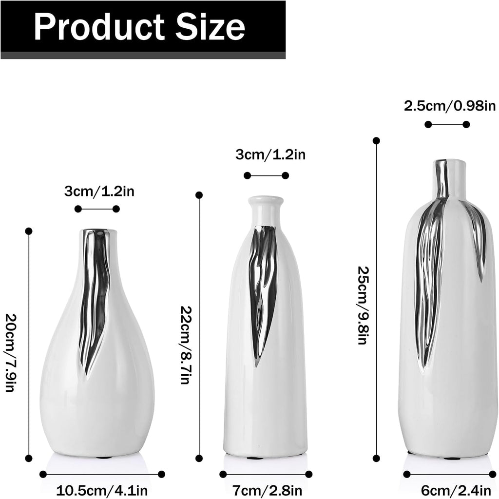 Ceramic Vase 3 Piece Set, White and Silver Vases for Home Decor, Decorative Vases for Mantels, Shelves and Entryway Decor, Dining Table Centerpieces, Living Rooms, Fireplaces and Kitchen Decor.