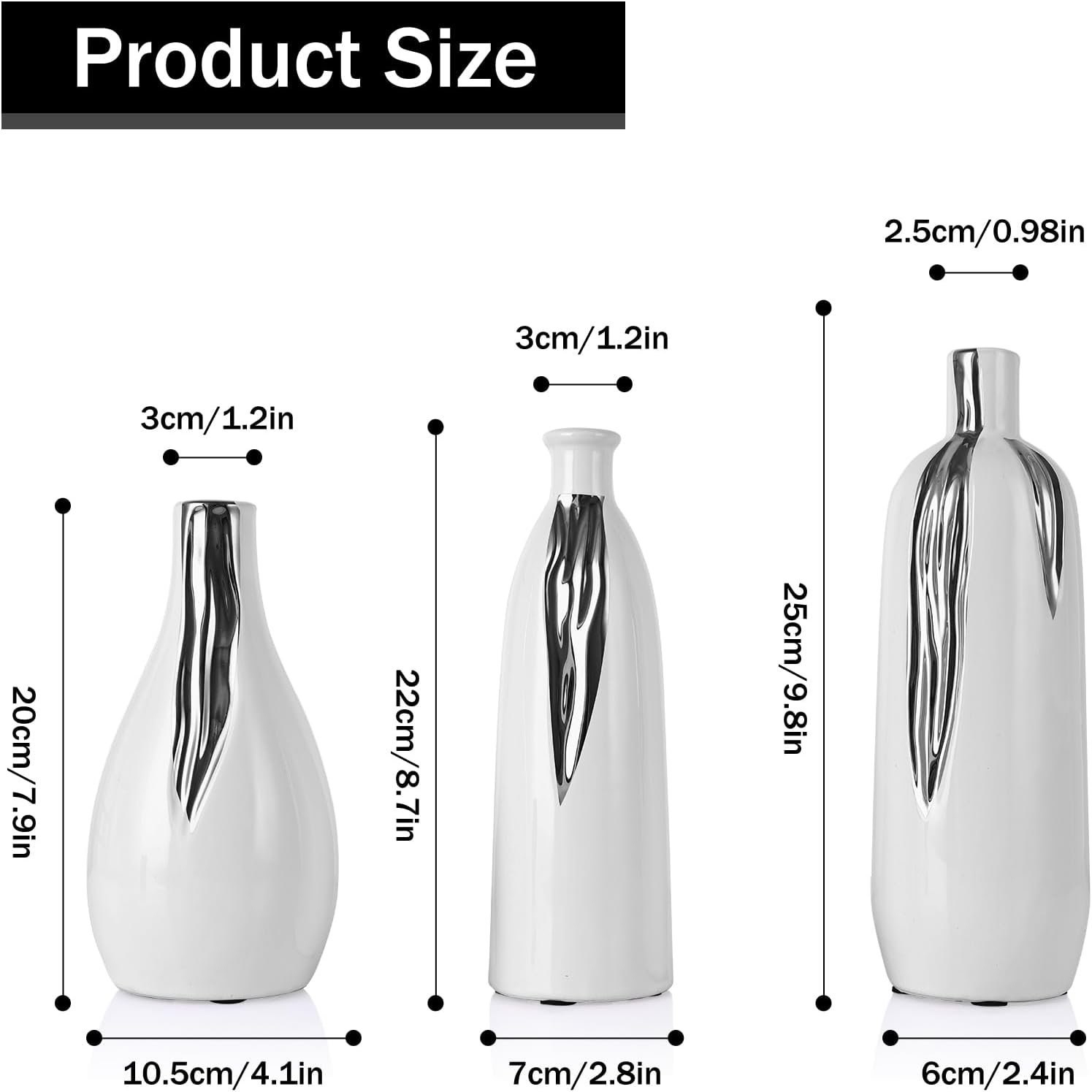Ceramic Vase 3 Piece Set, White and Silver Vases for Home Decor, Decorative Vases for Mantels, Shelves and Entryway Decor, Dining Table Centerpieces, Living Rooms, Fireplaces and Kitchen Decor.